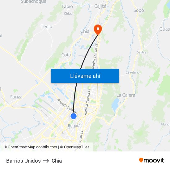 Barrios Unidos to Chia map