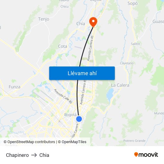 Chapinero to Chia map