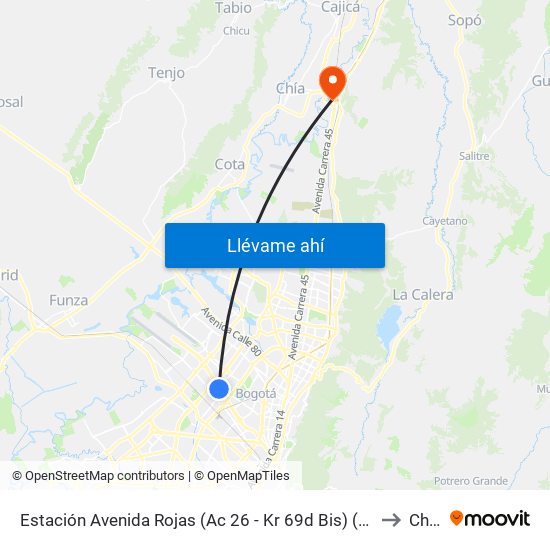 Estación Avenida Rojas (Ac 26 - Kr 69d Bis) (B) to Chia map