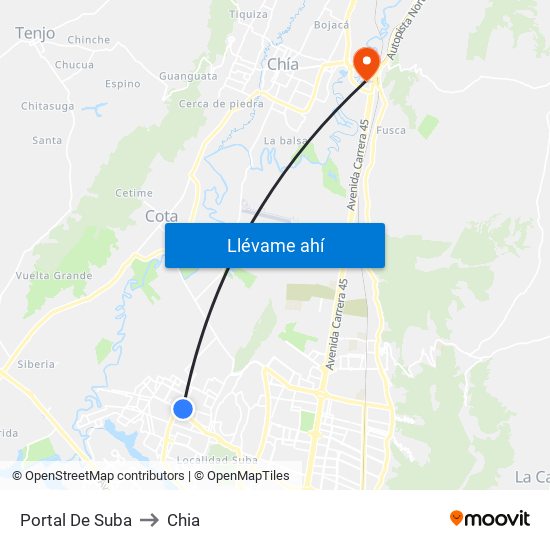 Portal De Suba to Chia map