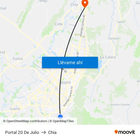 Portal 20 De Julio to Chia map