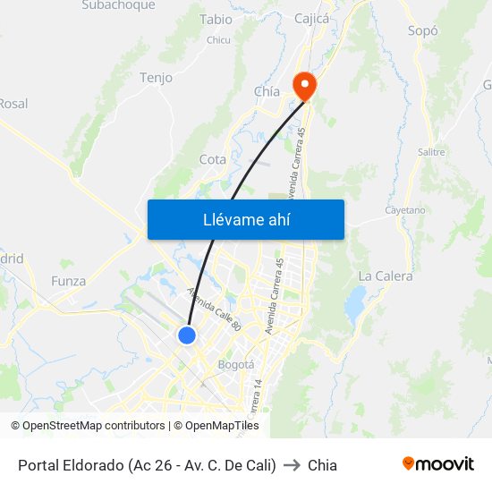 Portal Eldorado (Ac 26 - Av. C. De Cali) to Chia map