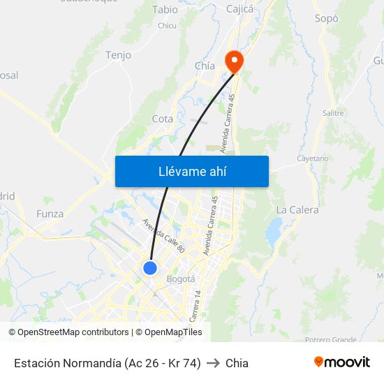 Estación Normandía (Ac 26 - Kr 74) to Chia map