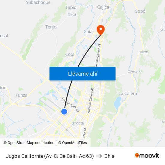 Jugos California (Av. C. De Cali - Ac 63) to Chia map