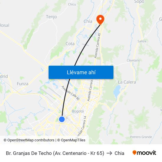 Br. Granjas De Techo (Av. Centenario - Kr 65) to Chia map