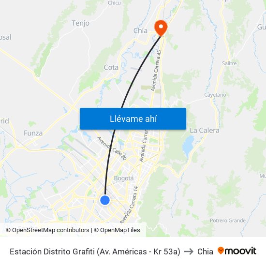 Estación Distrito Grafiti (Av. Américas - Kr 53a) to Chia map