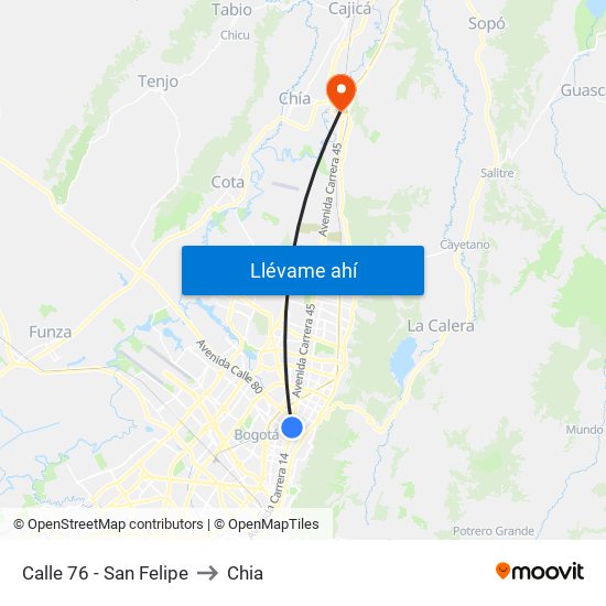 Calle 76 - San Felipe to Chia map