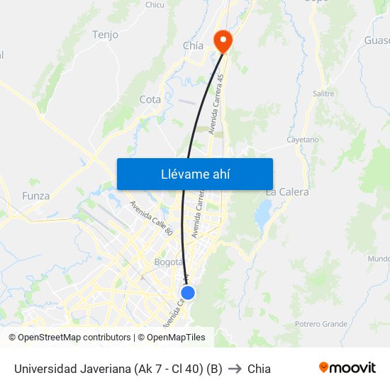 Universidad Javeriana (Ak 7 - Cl 40) (B) to Chia map