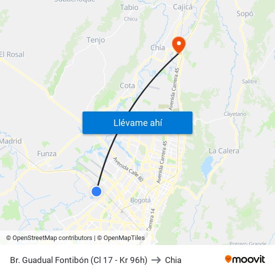 Br. Guadual Fontibón (Cl 17 - Kr 96h) to Chia map