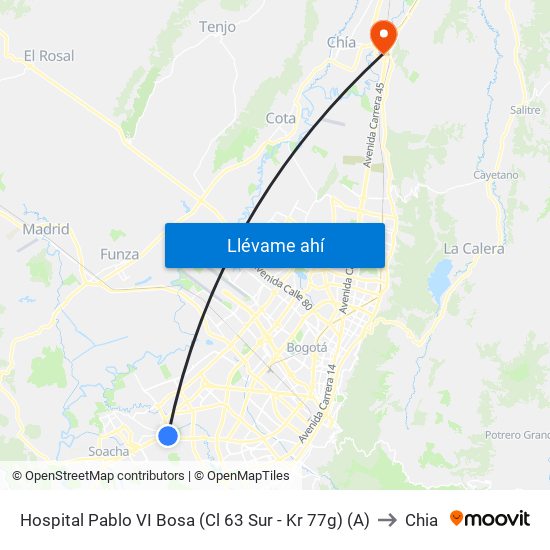 Hospital Pablo VI Bosa (Cl 63 Sur - Kr 77g) (A) to Chia map
