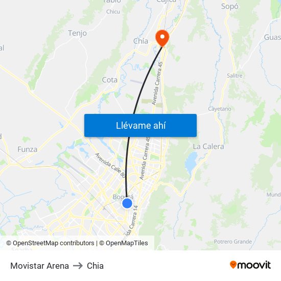 Movistar Arena to Chia map