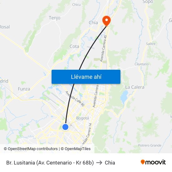 Br. Lusitania (Av. Centenario - Kr 68b) to Chia map