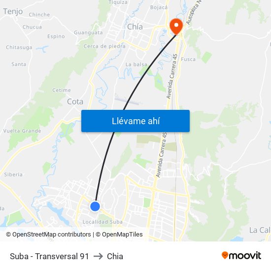 Suba - Transversal 91 to Chia map