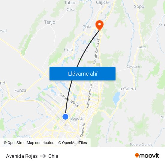 Avenida Rojas to Chia map