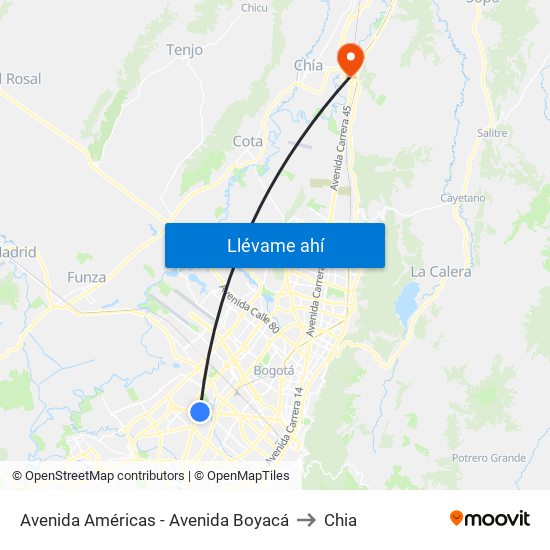 Avenida Américas - Avenida Boyacá to Chia map