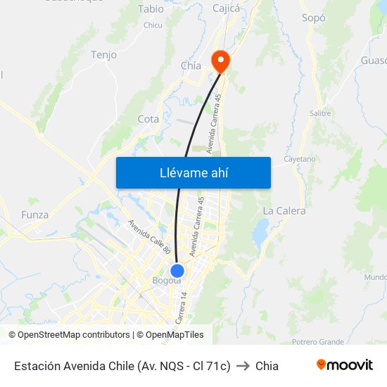 Estación Avenida Chile (Av. NQS - Cl 71c) to Chia map