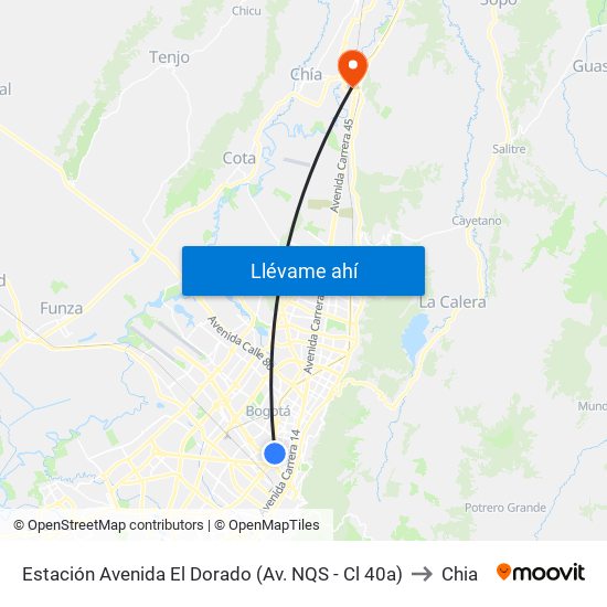 Estación Avenida El Dorado (Av. NQS - Cl 40a) to Chia map