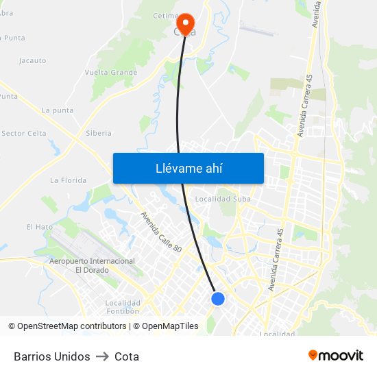 Barrios Unidos to Cota map