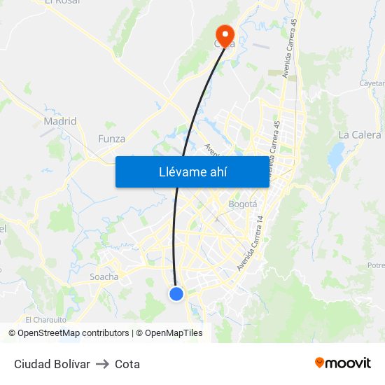 Ciudad Bolívar to Cota map