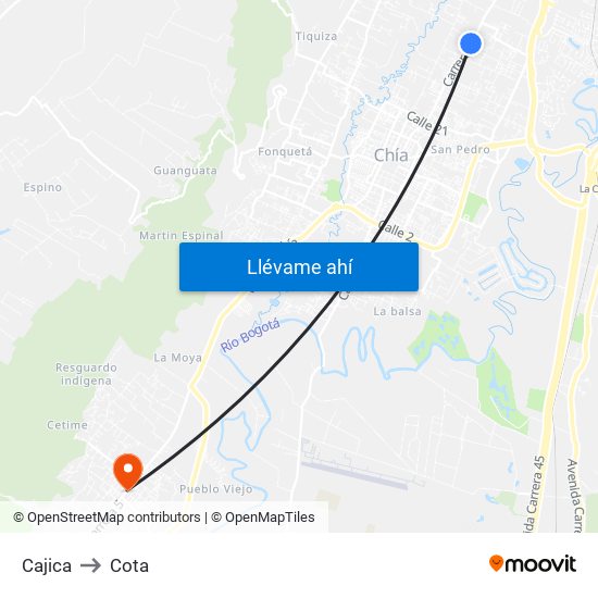 Cajica to Cota map