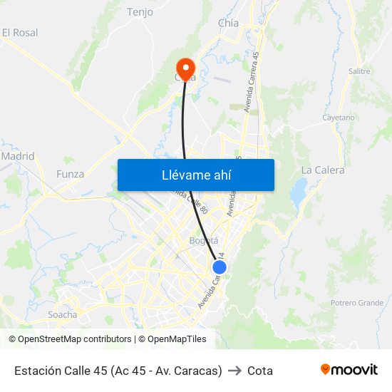 Estación Calle 45 (Ac 45 - Av. Caracas) to Cota map