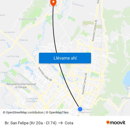 Br. San Felipe (Kr 20a - Cl 74) to Cota map