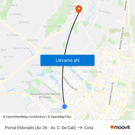 Portal Eldorado (Ac 26 - Av. C. De Cali) to Cota map