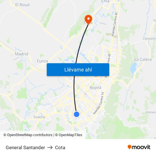 General Santander to Cota map