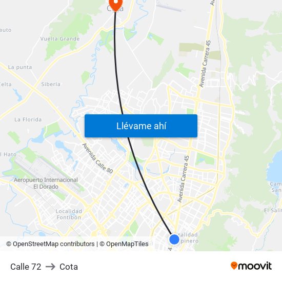 Calle 72 to Cota map