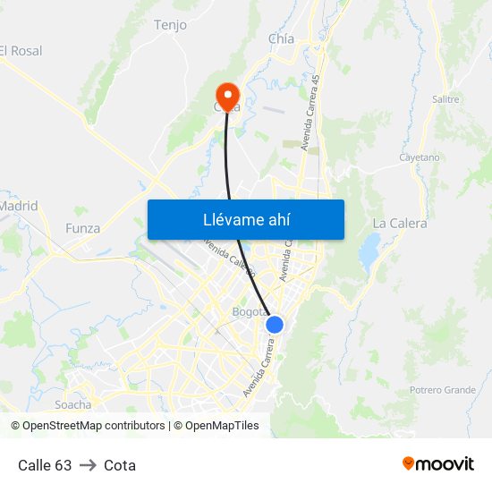 Calle 63 to Cota map