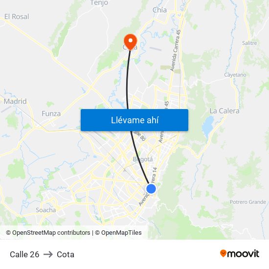 Calle 26 to Cota map