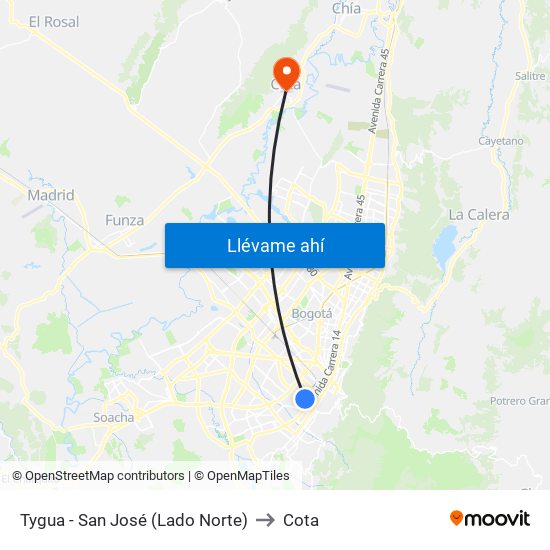 Tygua - San José (Lado Norte) to Cota map