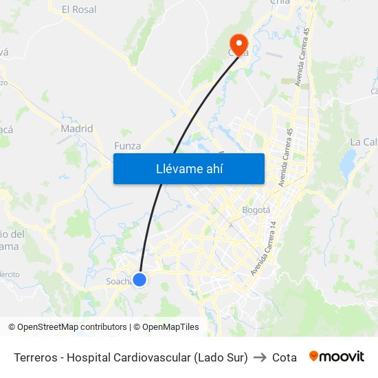Terreros - Hospital Cardiovascular (Lado Sur) to Cota map