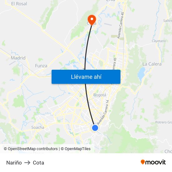Nariño to Cota map