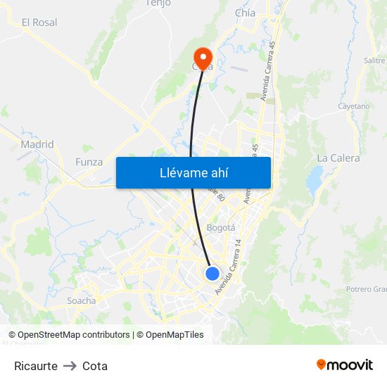 Ricaurte to Cota map