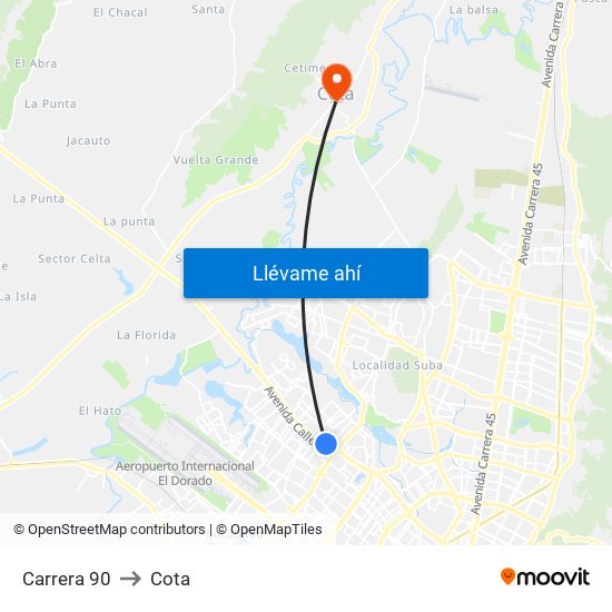 Carrera 90 to Cota map
