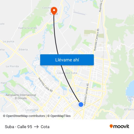 Suba - Calle 95 to Cota map