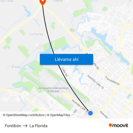 Fontibón to La Florida map