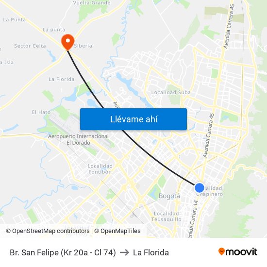 Br. San Felipe (Kr 20a - Cl 74) to La Florida map