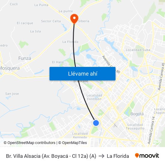 Br. Villa Alsacia (Av. Boyacá - Cl 12a) (A) to La Florida map