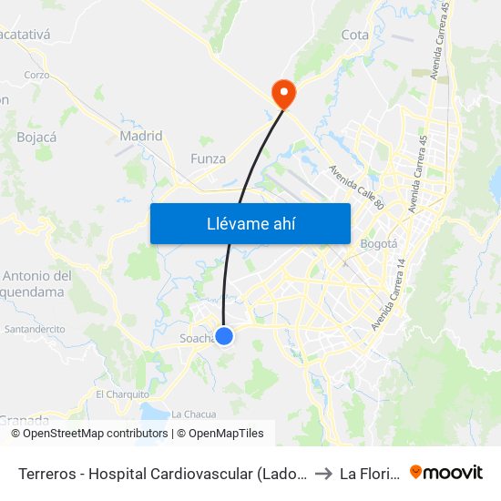 Terreros - Hospital Cardiovascular (Lado Sur) to La Florida map