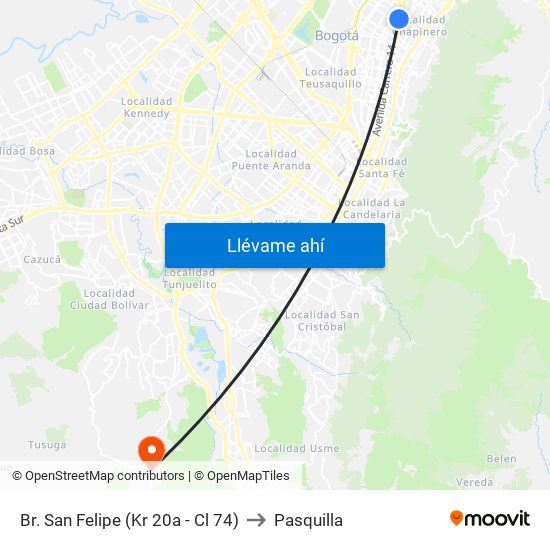 Br. San Felipe (Kr 20a - Cl 74) to Pasquilla map