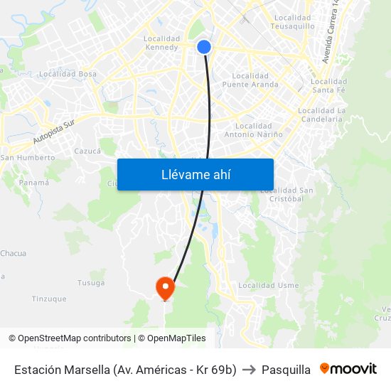 Estación Marsella (Av. Américas - Kr 69b) to Pasquilla map
