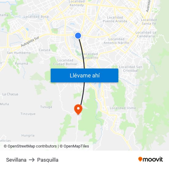 Sevillana to Pasquilla map