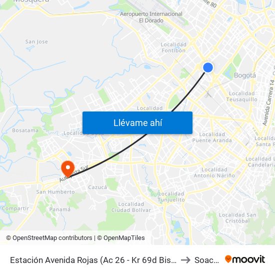 Estación Avenida Rojas (Ac 26 - Kr 69d Bis) (B) to Soacha map