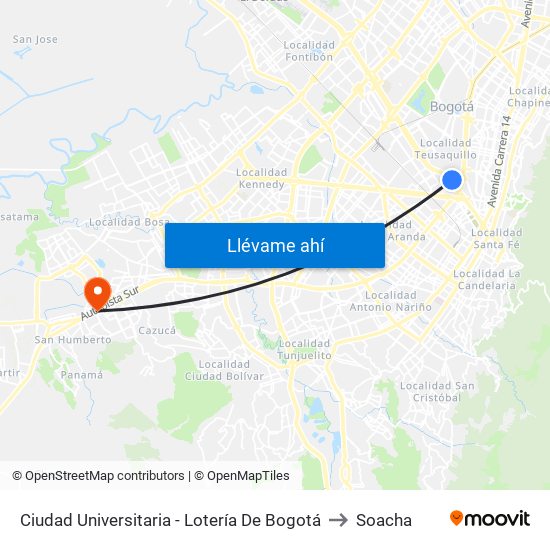 Ciudad Universitaria - Lotería De Bogotá to Soacha map