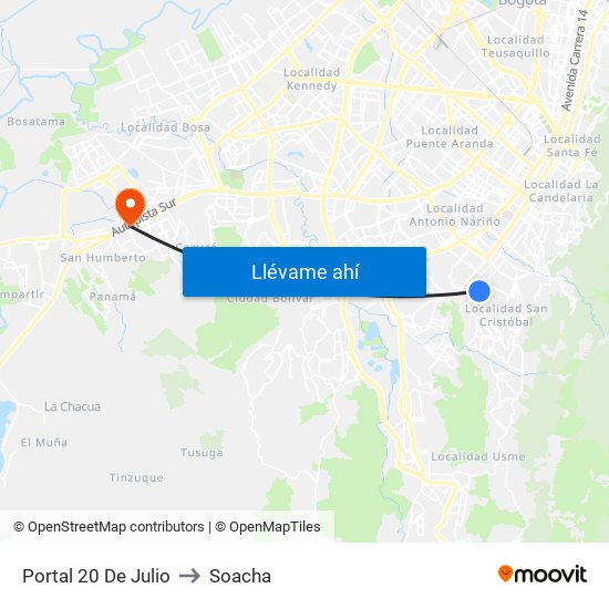 Portal 20 De Julio to Soacha map