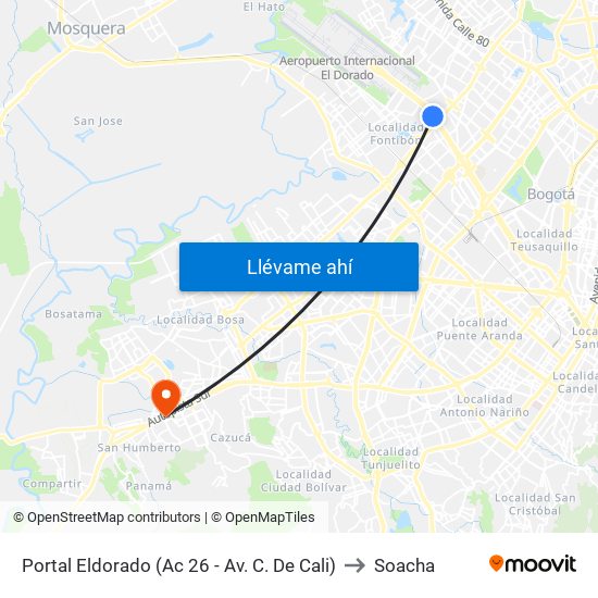 Portal Eldorado (Ac 26 - Av. C. De Cali) to Soacha map