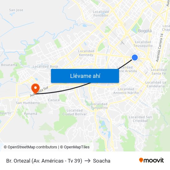 Br. Ortezal (Av. Américas - Tv 39) to Soacha map