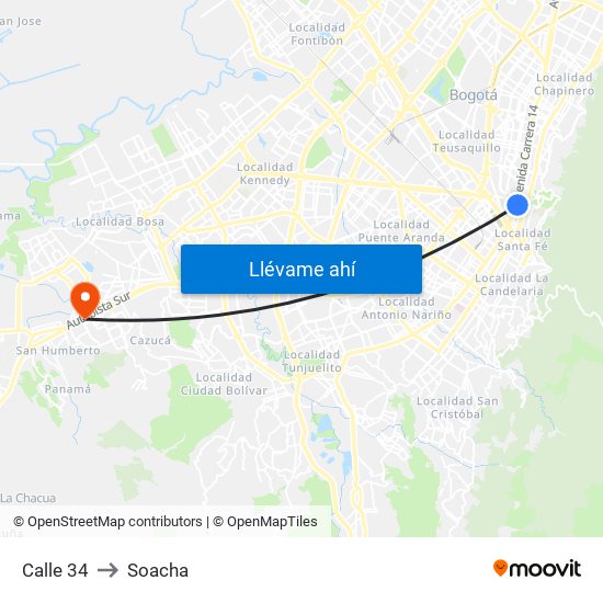 Calle 34 to Soacha map